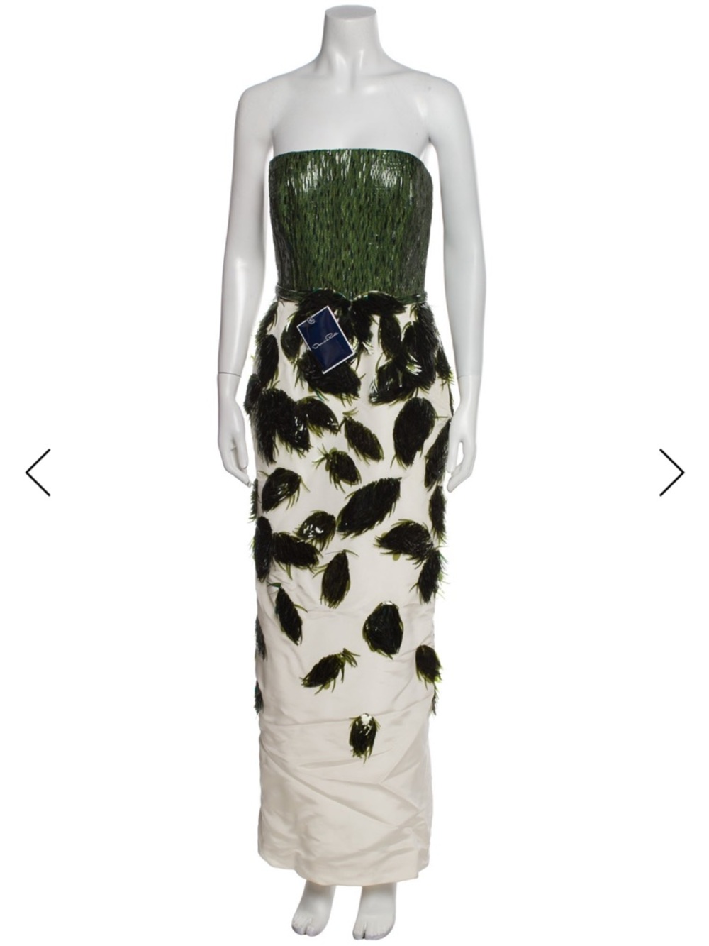 Oscar de la Renta Strapless Green and White Leaf Appliqué Gown - Picture 2 of 8